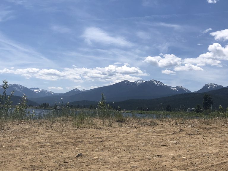 Photo of lake with mountain background
