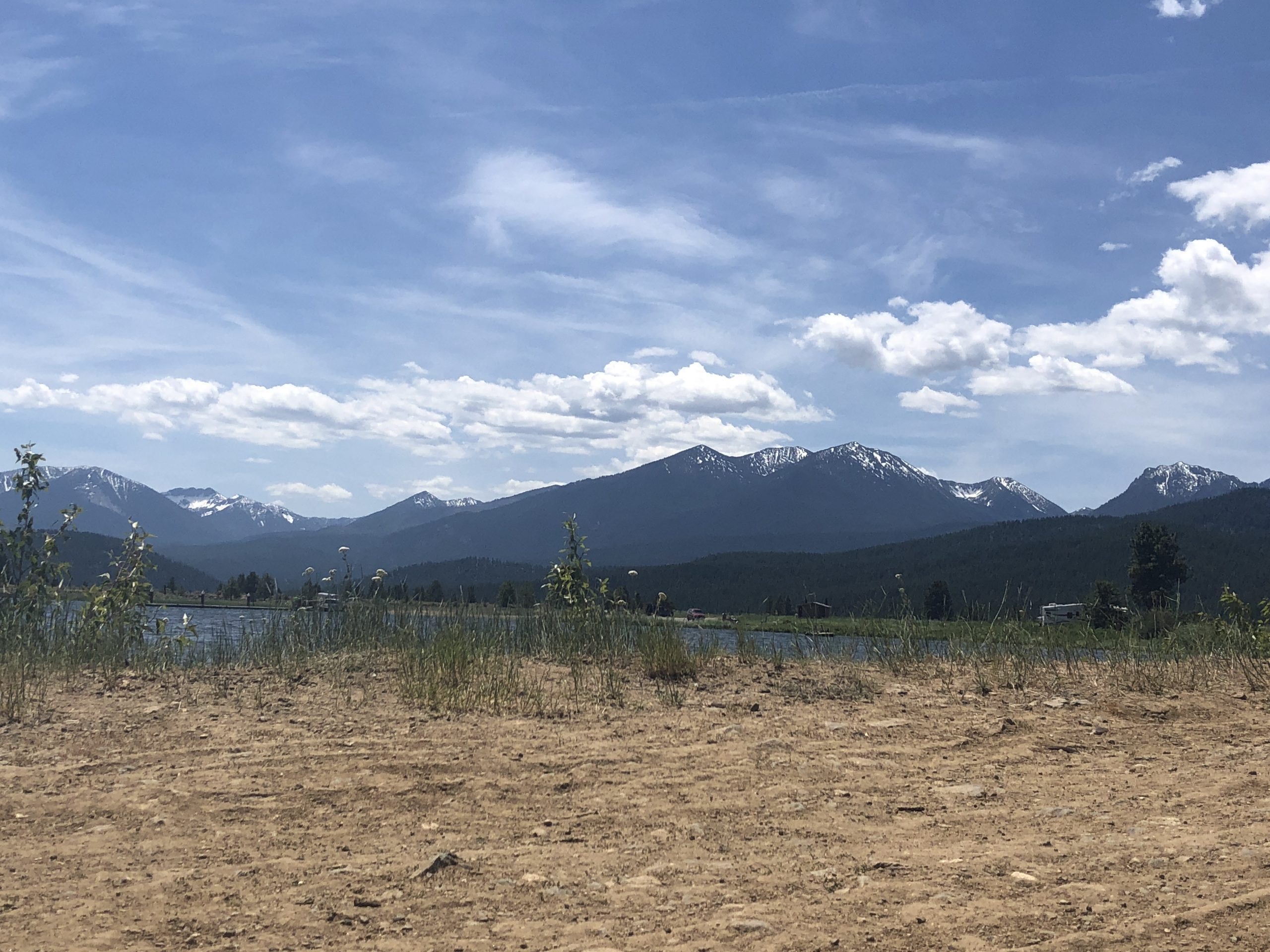Photo of lake with mountain background